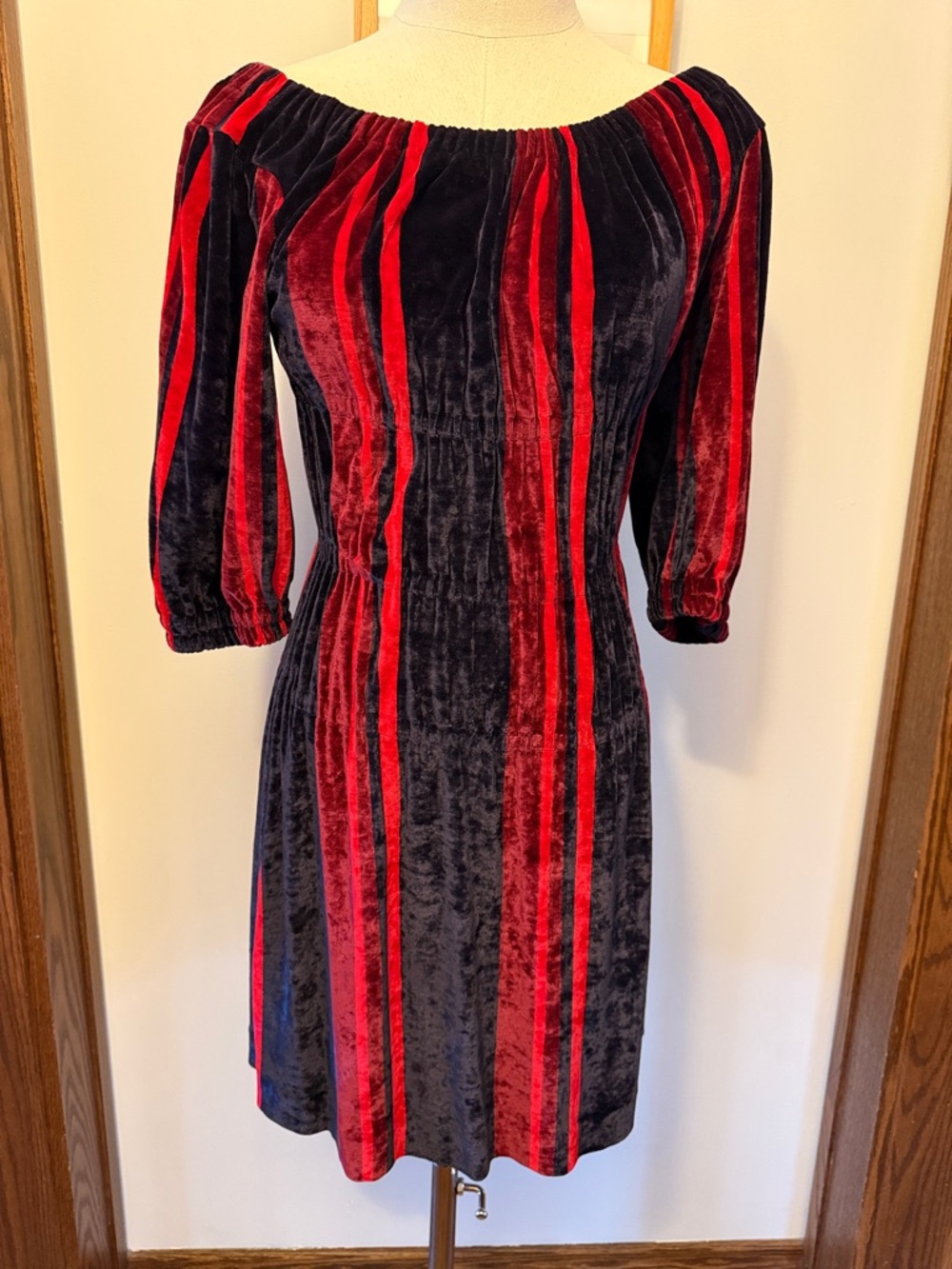 Vintage Sonia Rykiel Paris Navy Velvet Mini Dress with Red Stripes